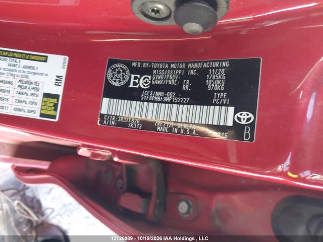 Продаж на аукціоні авто 2021 Toyota Corolla, vin: 5YFBPMBE9MP192227, номер лоту: 12726089