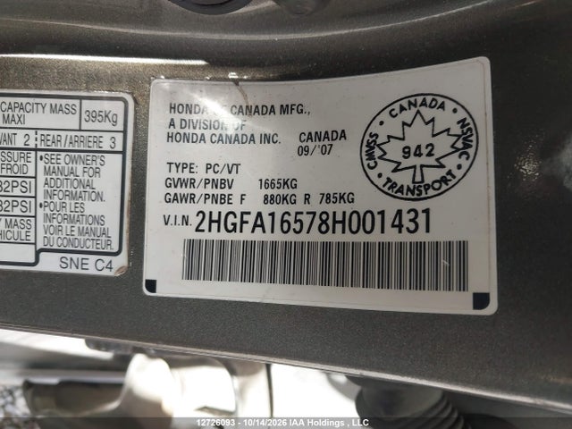 Aukcja sprzedaży 2008 Honda Civic Lx, vin: 2HGFA16578H001431, numer aukcji: 12726093
