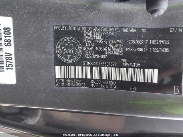 5TDKK3DC4ES507528 Toyota SIENNA LE