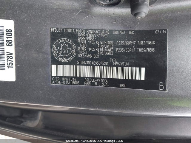 5TDKK3DC4ES507528 Toyota SIENNA LE