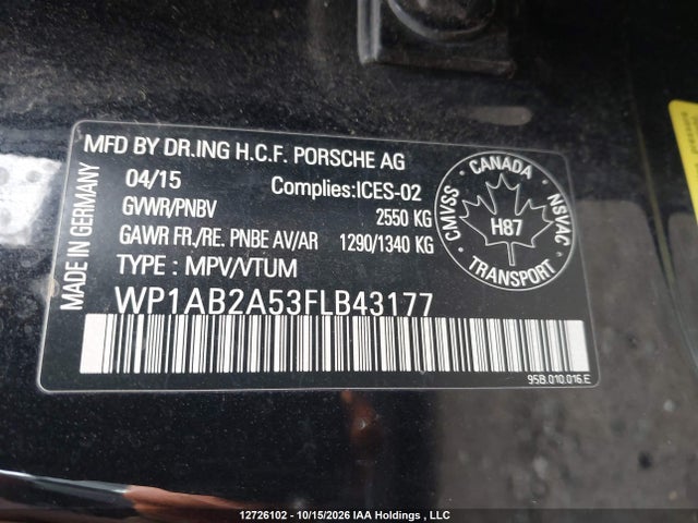 2015 Porsche Macan S მანქანა იყიდება აუქციონზე, vin: WP1AB2A53FLB43177, აუქციონის ნომერი: 12726102