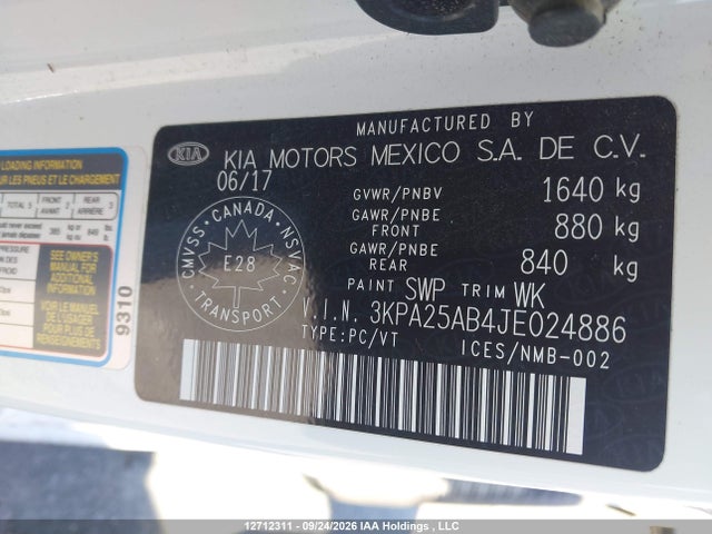 Продажа на аукционе авто 2018 Kia Rio 5-door Lx/lx+, vin: 3KPA25AB4JE024886, номер лота: 12712311