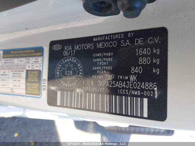 Продажа на аукционе авто 2018 Kia Rio 5-door Lx/lx+, vin: 3KPA25AB4JE024886, номер лота: 12712311