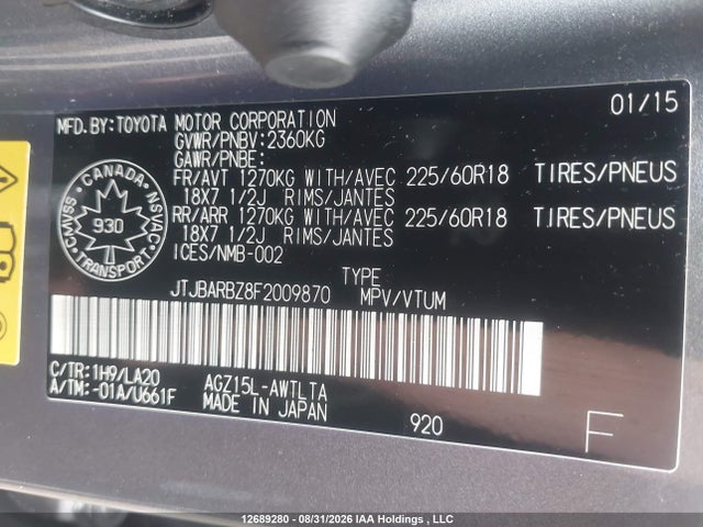 12689280 :رقم المزاد ، JTJBARBZ8F2009870 vin ، 2015 Lexus Nx 200t 200t مزاد بيع