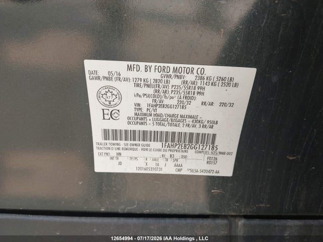 Продаж на аукціоні авто 2016 Ford Taurus Sel, vin: 1FAHP2E82GG127185, номер лоту: 12654994