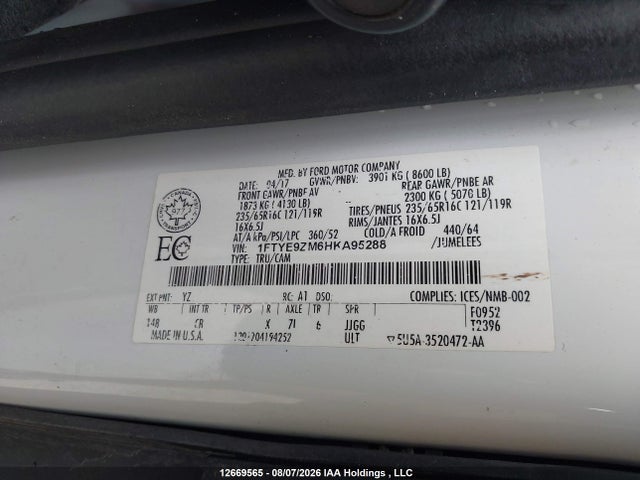 Продаж на аукціоні авто 2017 Ford Transit-150, vin: 1FTYE9ZM6HKA95288, номер лоту: 12669565