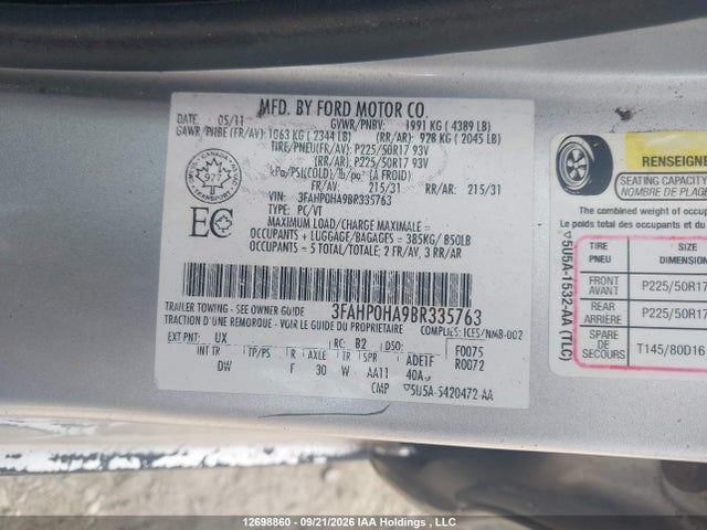 Продажа на аукционе авто 2011 Ford Fusion Se, vin: 3FAHP0HA9BR335763, номер лота: 12698860