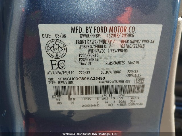 12700394 :رقم المزاد ، 1FMCU03G89KA35490 vin ، 2009 Ford Escape Xlt Automatic مزاد بيع