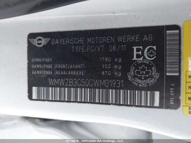 Продажа на аукционе авто 2012 Mini Cooper Countryman, vin: WMWZB3C50CWM01931, номер лота: 12716819