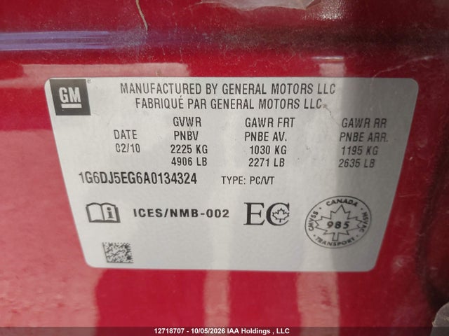 12718707 :رقم المزاد ، 1G6DJ5EG6A0134324 vin ، 2010 Cadillac Cts 3.6l Base مزاد بيع