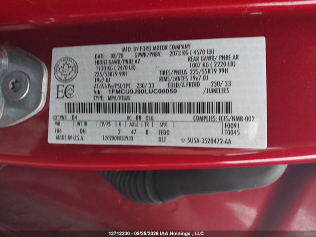 Aukcja sprzedaży 2020 Ford Escape Titanium, vin: 1FMCU9J90LUC00050, numer aukcji: 12712230