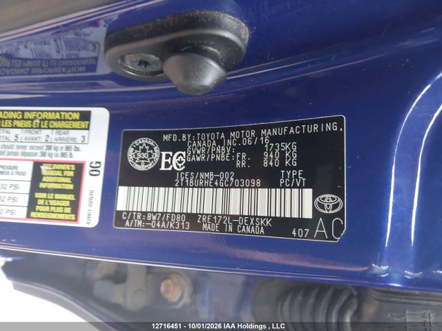 Aukcja sprzedaży 2016 Toyota Corolla S, vin: 2T1BURHE4GC703098, numer aukcji: 12716451