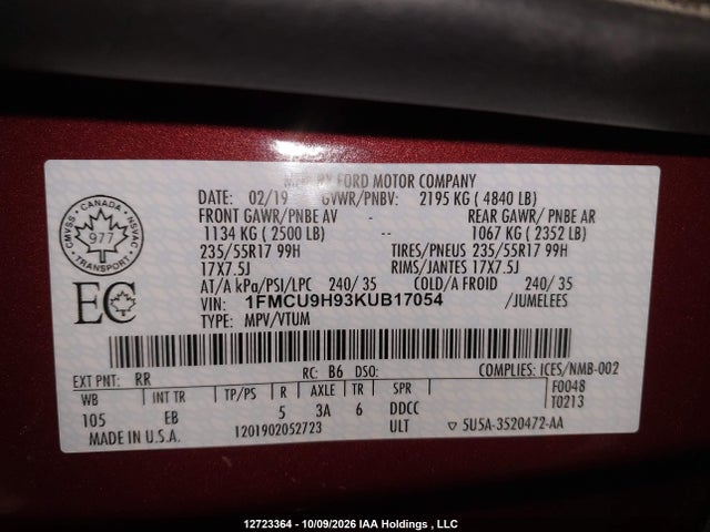 12723364 :رقم المزاد ، 1FMCU9H93KUB17054 vin ، 2019 Ford Escape Sel مزاد بيع