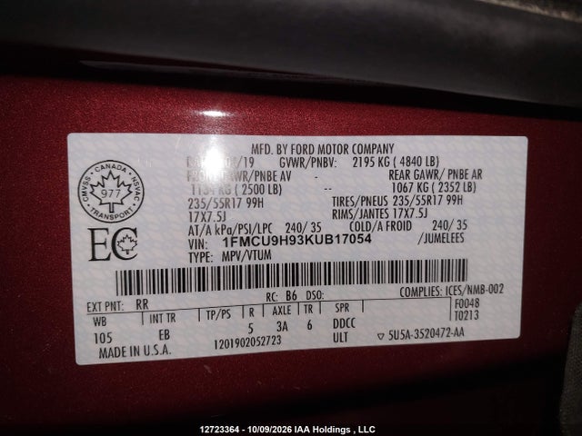 12723364 :رقم المزاد ، 1FMCU9H93KUB17054 vin ، 2019 Ford Escape Sel مزاد بيع