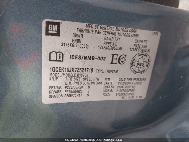 Aukcja sprzedaży 2007 Chevrolet Silverado 1500 Next Generation Lt/ltz/wt, vin: 1GCEK19JX7Z521718, numer aukcji: 12723002