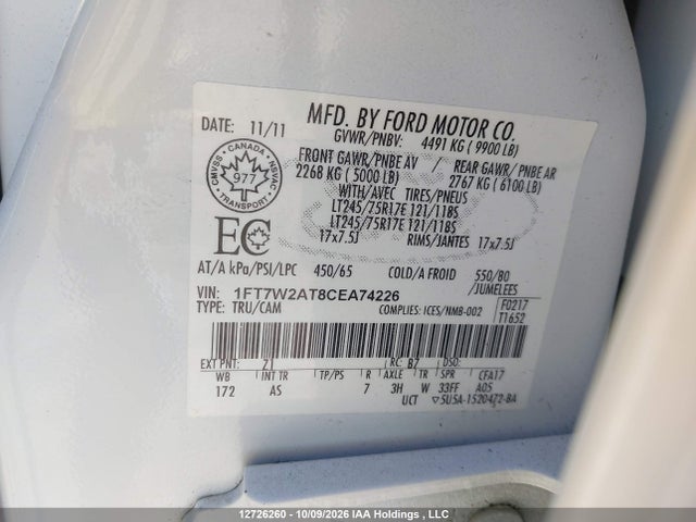 Продаж на аукціоні авто 2012 Ford F250 Super Duty, vin: 1FT7W2AT8CEA74226, номер лоту: 12726260