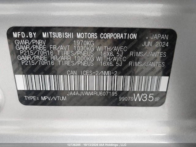 Aukcja sprzedaży 2024 Mitsubishi Rvr Se/sel/noir/gt, vin: JA4AJVAW4RU607195, numer aukcji: 12726285