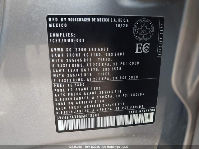 3VV4B7AX9MM018386 Volkswagen Tiguan Highline