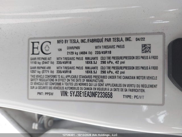Tesla MODEL 3 2022 5YJ3E1EA3NF233658 Image 20