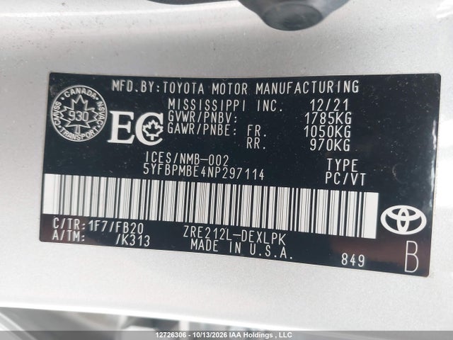 12726306 :رقم المزاد ، 5YFBPMBE4NP297114 vin ، 2022 Toyota Corolla Le/xle مزاد بيع
