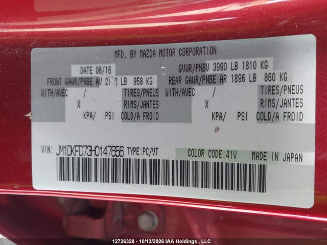 12726328 :رقم المزاد ، JM1DKFD73H0147656 vin ، 2017 Mazda Cx-3 Gt مزاد بيع