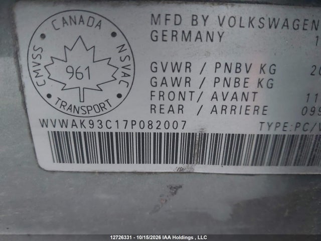 Aukcja sprzedaży 2007 Volkswagen Passat 2.0t/2.0t Base, vin: WVWAK93C17P082007, numer aukcji: 12726331