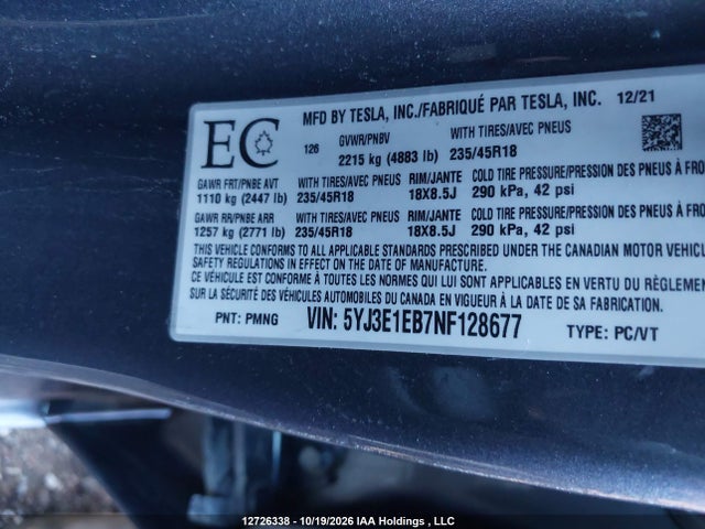 Продаж на аукціоні авто 2022 Tesla Model 3, vin: 5YJ3E1EB7NF128677, номер лоту: 12726338
