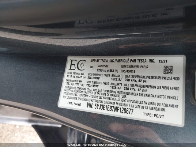 Продаж на аукціоні авто 2022 Tesla Model 3, vin: 5YJ3E1EB7NF128677, номер лоту: 12726338