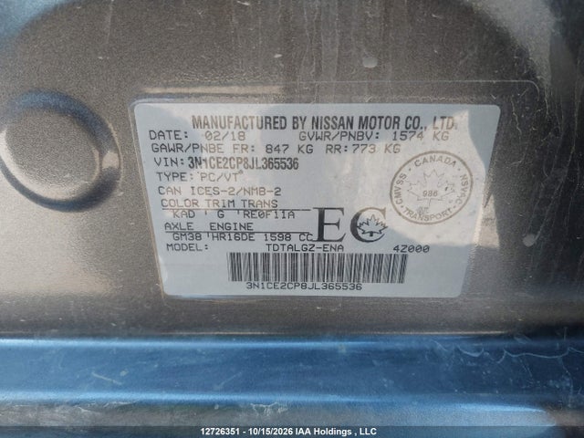 Продаж на аукціоні авто 2018 Nissan Versa Note S/sr/sv, vin: 3N1CE2CP8JL365536, номер лоту: 12726351