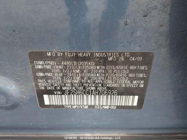 Aukcja sprzedaży 2010 Subaru Forester 2.5x Premium, vin: JF2SH6CC1AH706926, numer aukcji: 12726355