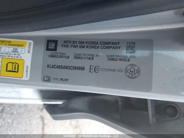12726388 :رقم المزاد ، KL8CA6SA9GC564699 vin ، 2016 Chevrolet Spark مزاد بيع