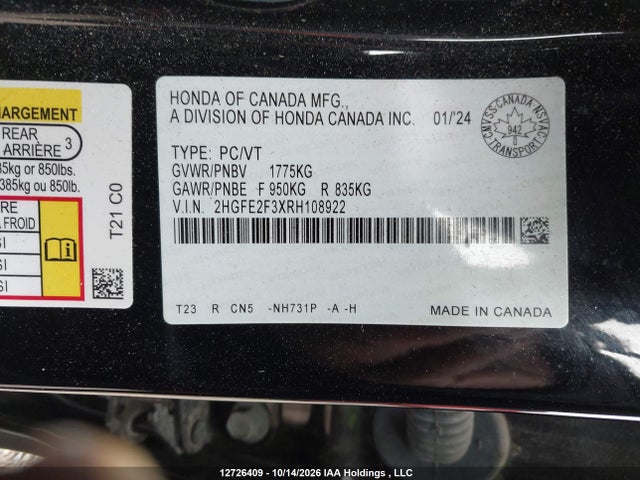Honda CIVIC EX 2024 2HGFE2F3XRH108922 Image 9