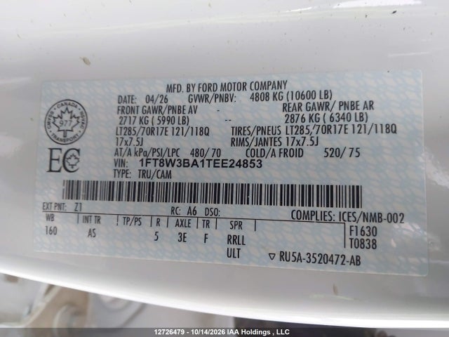 Продаж на аукціоні авто 2026 Ford F350 Super Duty, vin: 1FT8W3BA1TEE24853, номер лоту: 12726479