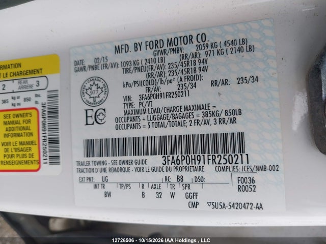 2015 Ford Fusion მანქანა იყიდება აუქციონზე, vin: 3FA6P0H91FR250211, აუქციონის ნომერი: 12726506