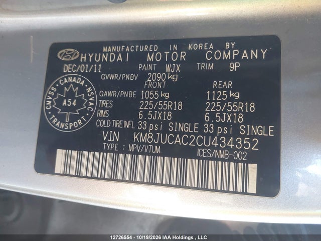 Продаж на аукціоні авто 2012 Hyundai Tucson Limited, vin: KM8JUCAC2CU434352, номер лоту: 12726554