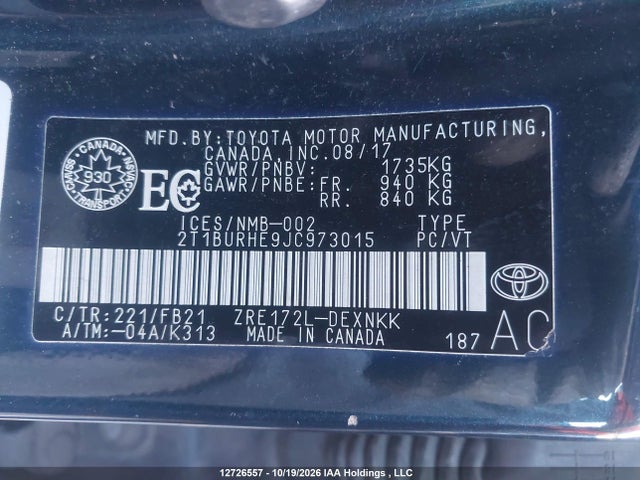 2T1BURHE9JC973015 Toyota COROLLA LE