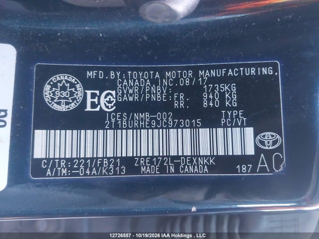 2T1BURHE9JC973015 Toyota COROLLA LE