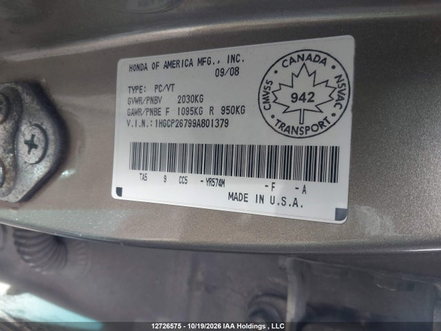 Продаж на аукціоні авто 2009 Honda Accord Ex, vin: 1HGCP26799A801379, номер лоту: 12726575