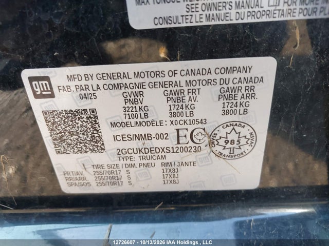 12726607 :رقم المزاد ، 2GCUKDEDXS1200230 vin ، 2025 Chevrolet Silverado K1500 Lt مزاد بيع
