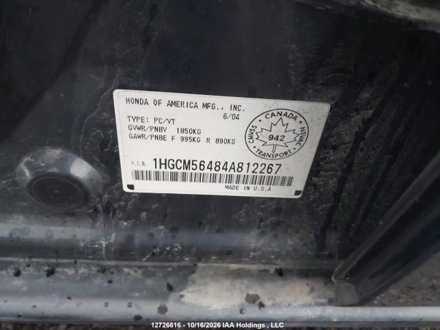 Auction sale of the 2004 Honda Accord Sdn, vin: 1HGCM56484A812267, lot number: 12726616