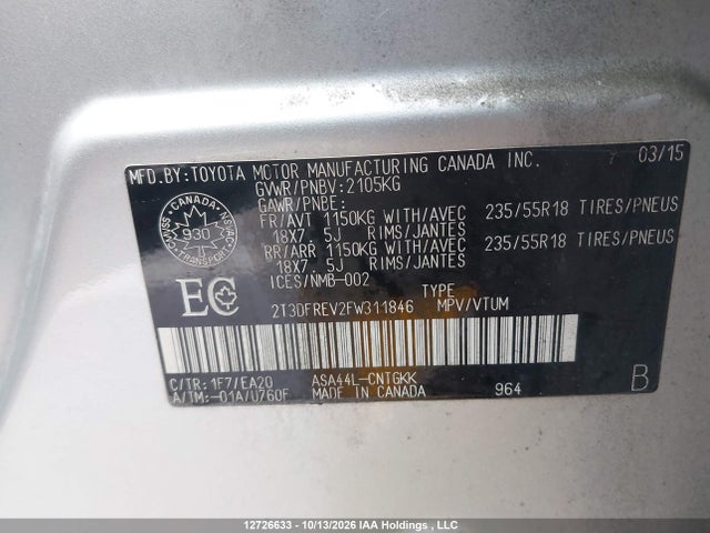 2T3DFREV2FW311846 Toyota Rav4 Limited