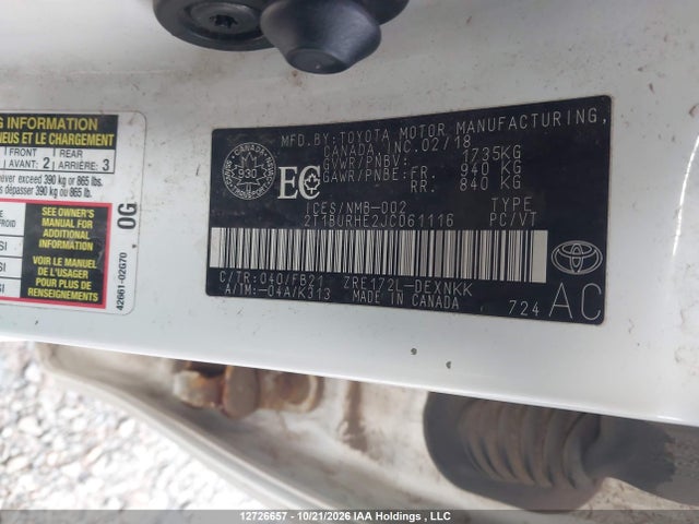 Aukcja sprzedaży 2018 Toyota Corolla Le, vin: 2T1BURHE2JC061116, numer aukcji: 12726657