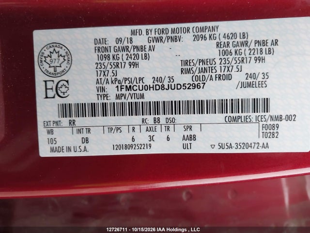 12726711 :رقم المزاد ، 1FMCU0HD8JUD52967 vin ، 2018 Ford Escape Sel مزاد بيع