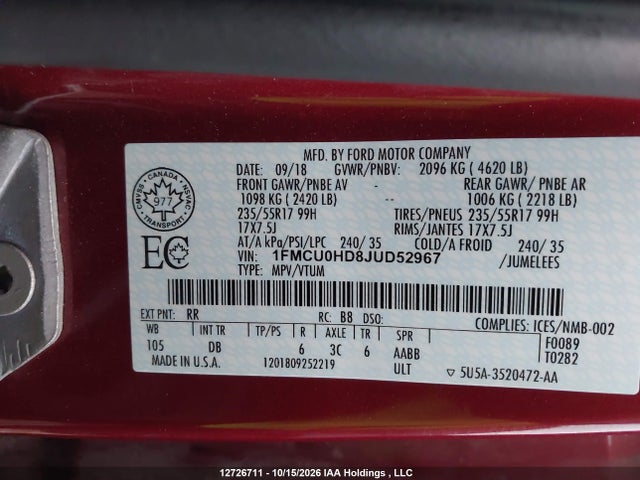 12726711 :رقم المزاد ، 1FMCU0HD8JUD52967 vin ، 2018 Ford Escape Sel مزاد بيع