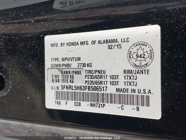 Auction sale of the 2015 Honda Odyssey Ex-l, vin: 5FNRL5H63FB506517, lot number: 12726731