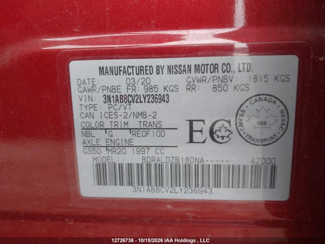 3N1AB8CV2LY236943 Nissan SENTRA SV