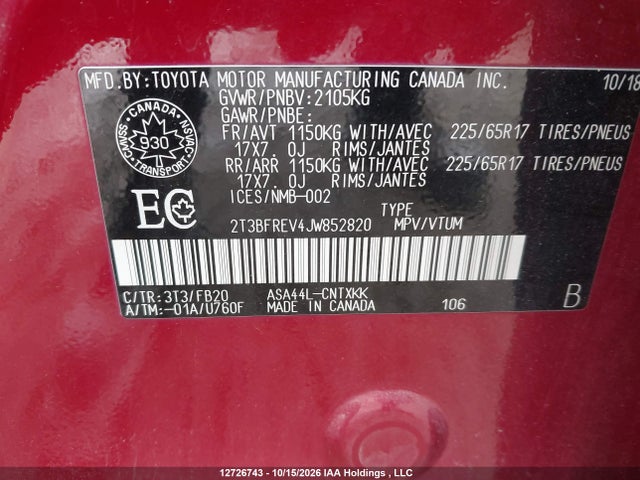 2T3BFREV4JW852820 Toyota RAV4