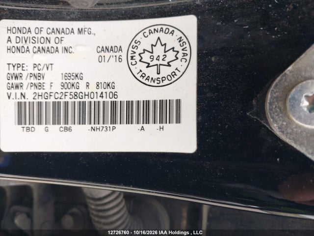 Продажа на аукционе авто 2016 Honda Civic Lx, vin: 2HGFC2F58GH014106, номер лота: 12726760
