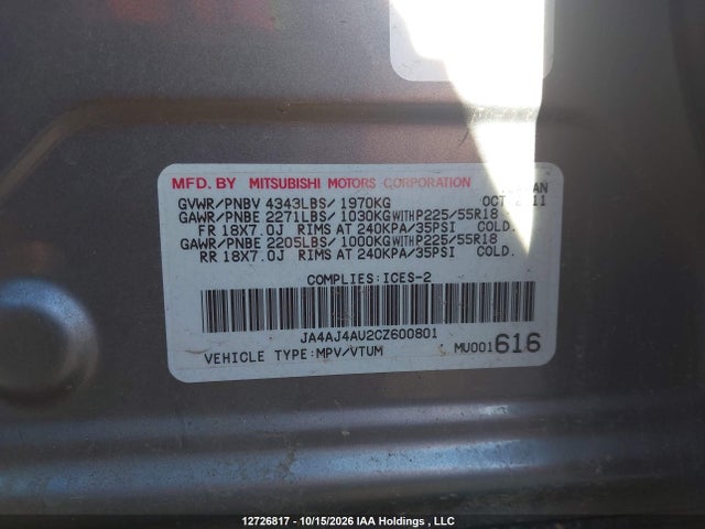 12726817 :رقم المزاد ، JA4AJ4AU2CZ600801 vin ، 2012 Mitsubishi Rvr Gt مزاد بيع