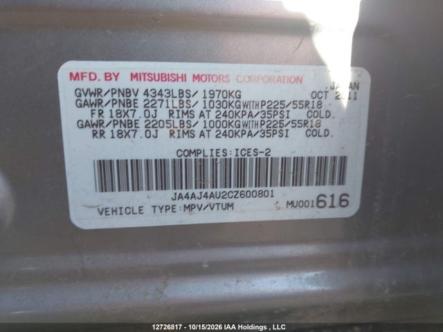 12726817 :رقم المزاد ، JA4AJ4AU2CZ600801 vin ، 2012 Mitsubishi Rvr Gt مزاد بيع